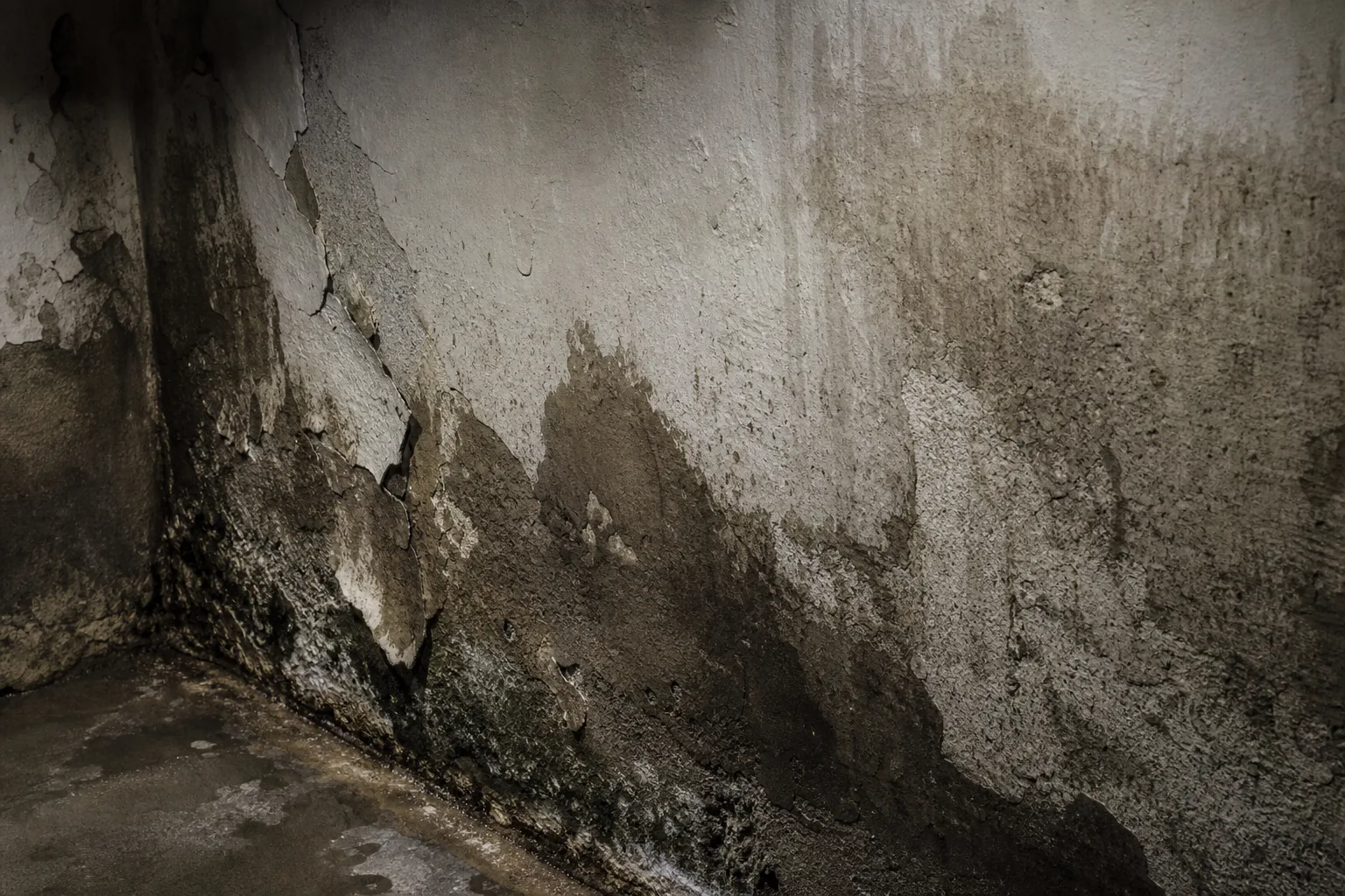 Symbolaufnahme eines Feuchteschadens an einer Kellerwand vor der Bautrocknung